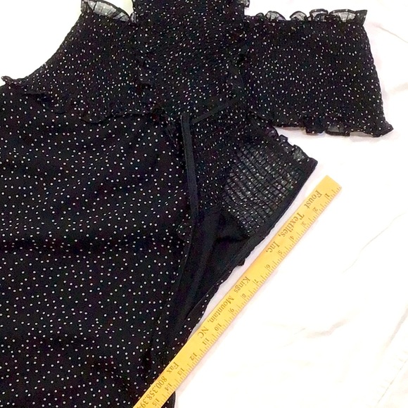 LUCY PARIS ‘Dorothy’ Black Chiffon White Dots Smocked Shoulder Side Zip - Picture 6 of 10